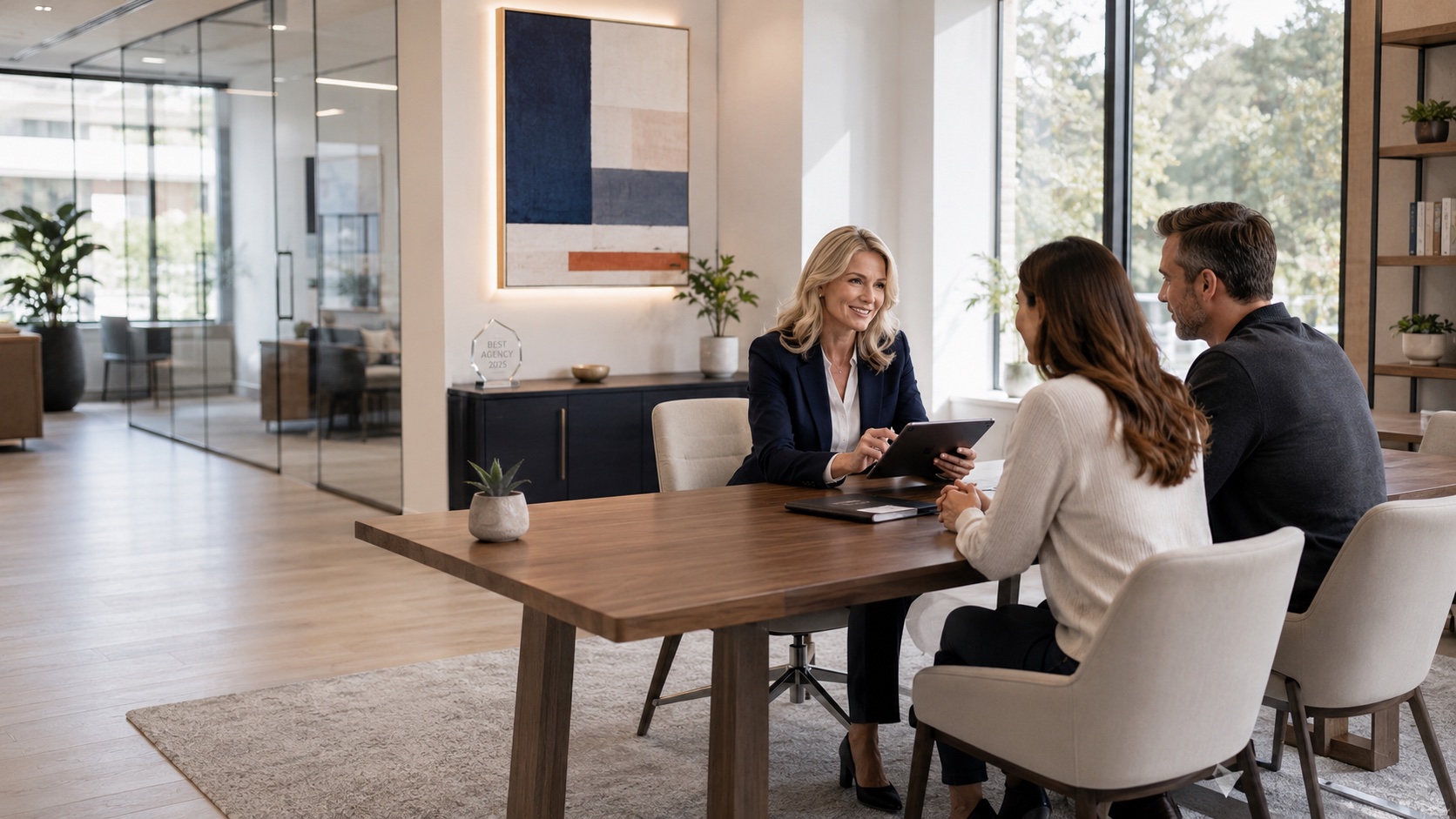 An Insurhaus advisor reviewing coverage options with a couple at an office table