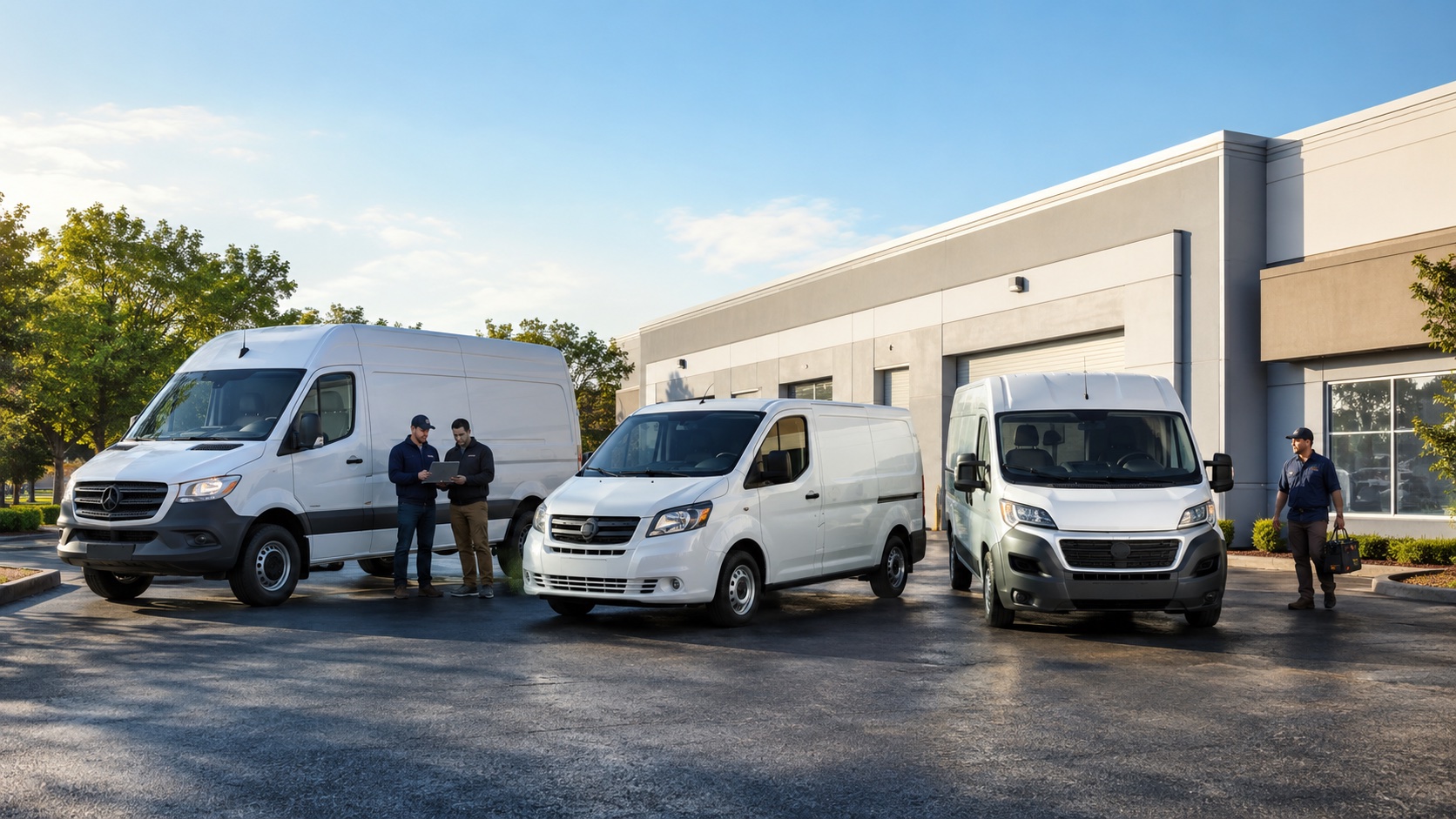 Three white work vans parked outside a commercial building, their drivers talking