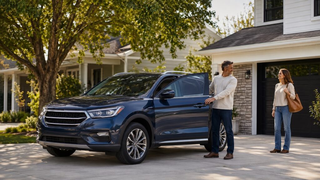 A man and woman beside an SUV parked in a home driveway