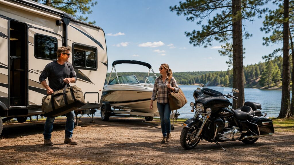 A couple packing gear beside an RV, boat, and motorcycle at a lakeside campsite