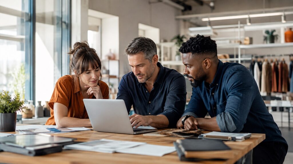 Three colleagues reviewing plans together on a laptop in a retail workspace