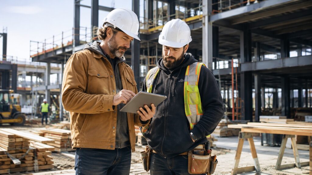 Two construction workers in hard hats reviewing plans on a tablet at a job site