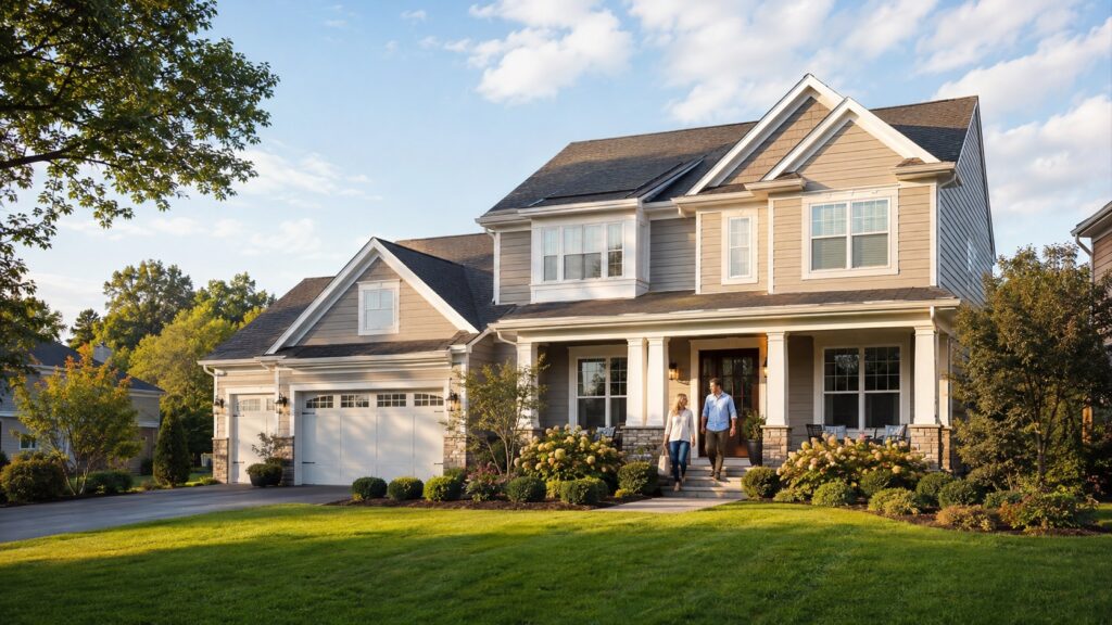 A man and woman stepping off the front porch of a two-story suburban house with a landscaped yard