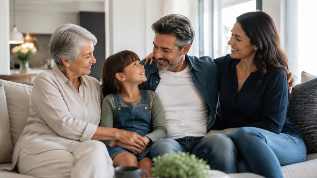 Three generations of a family sitting together and smiling on a couch