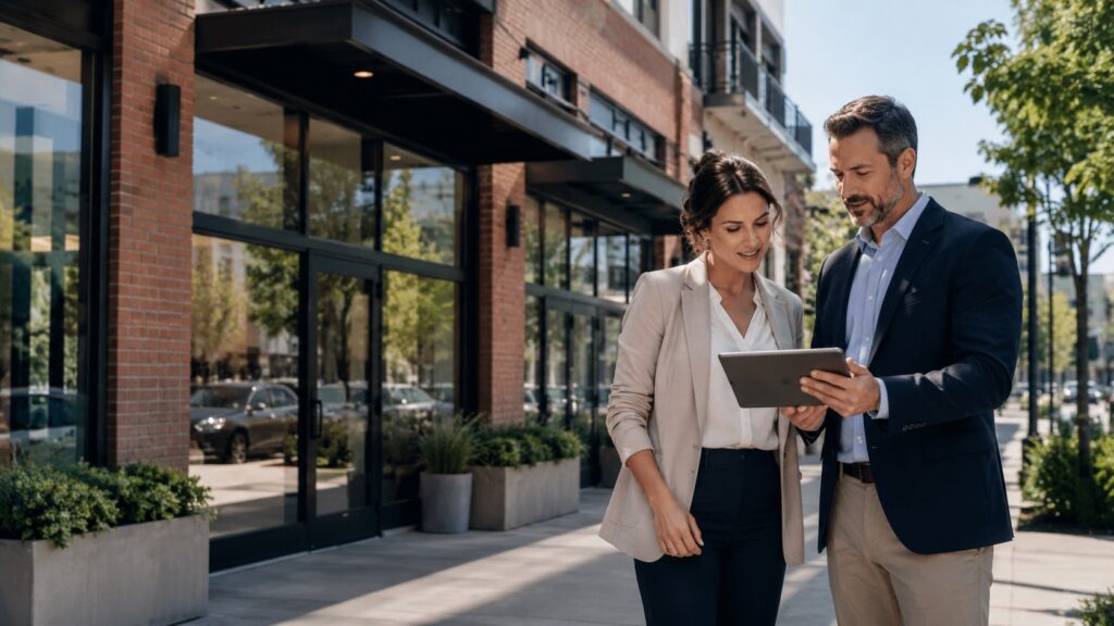Two professionals reviewing property details on a tablet outside a commercial retail building